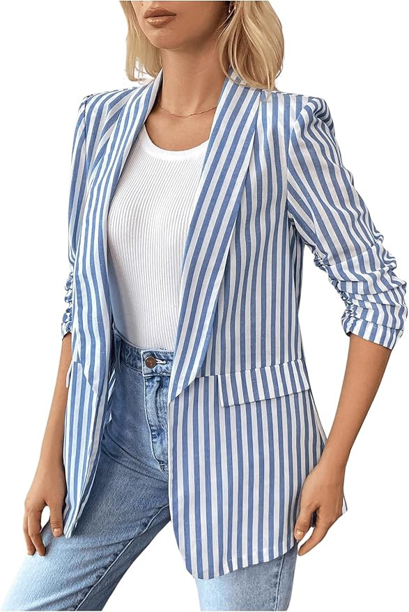 MakeMeChic Women's Striped Lapel Open Front Blazer 3/4 Sleeve Work Office Blazer Jackets | Amazon (US)