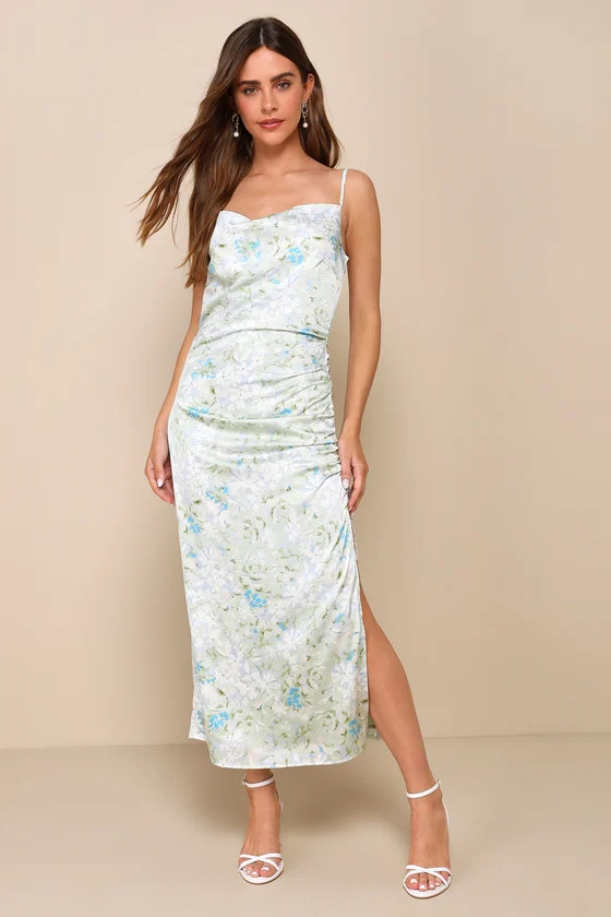 Truest Romance Mint Green Floral Sleeveless Ruched Midi Dress | Lulus