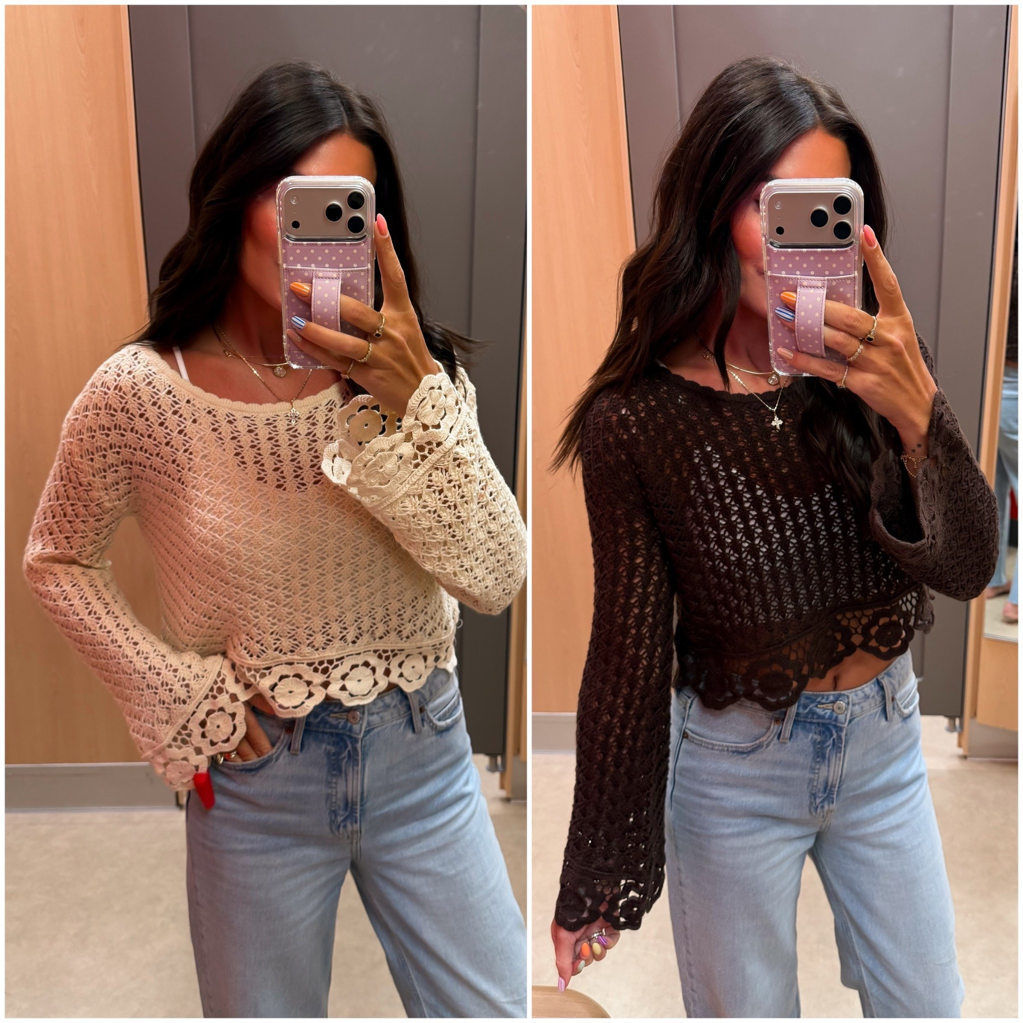 Crochet tops 
Cream size medium: brown size small 
(Showing the difference if you size up or not) 

#LTKFestival #LTKootd #LTKSeasonal