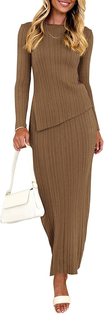 PRETTYGARDEN Women 2 Piece Outfits Long Sleeve Asymmetric Slit Hem Tops Midi Bodycon Skirt Sets L... | Amazon (US)