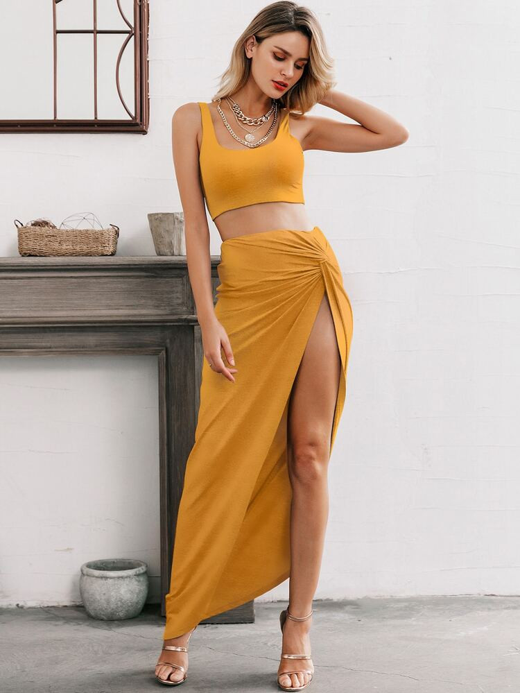 Glamaker Crop Tank Top & Twist Asymmetrical Skirt Set | SHEIN