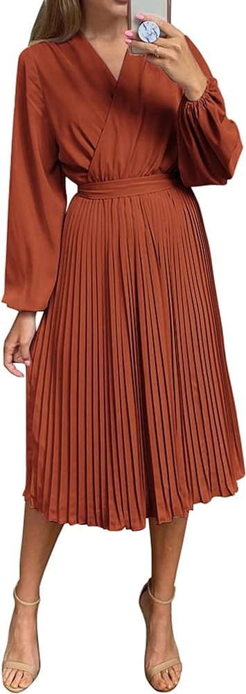 PRETTYGARDEN Women's Spring Midi Dress Long Puff Sleeve Wrap V Neck Flowy Ruffle Pleated Casual F... | Amazon (US)
