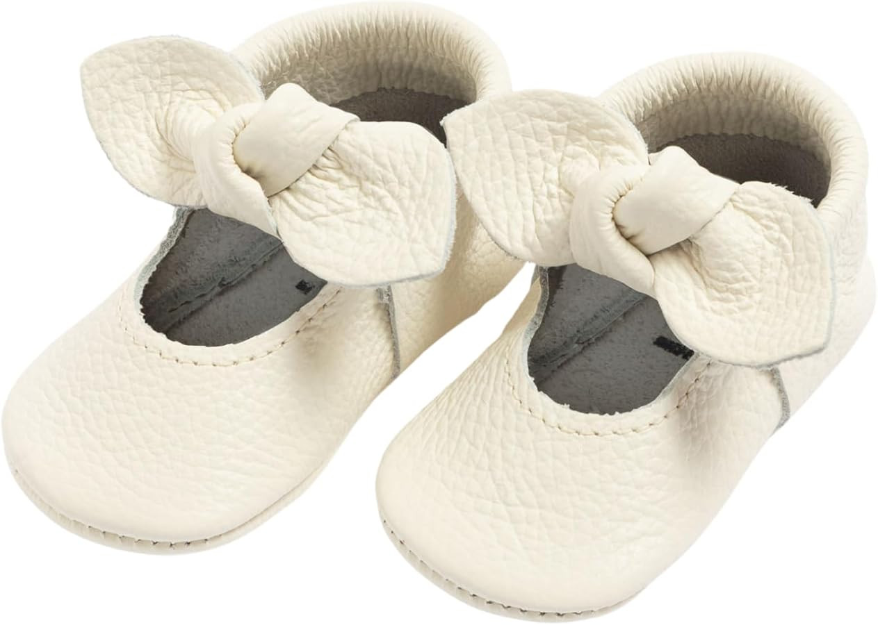 Freshly Picked First Pair Knotted Bow Baby Girl Leather Moccasins - Soft Sole Baby Shoes, Infant ... | Amazon (US)