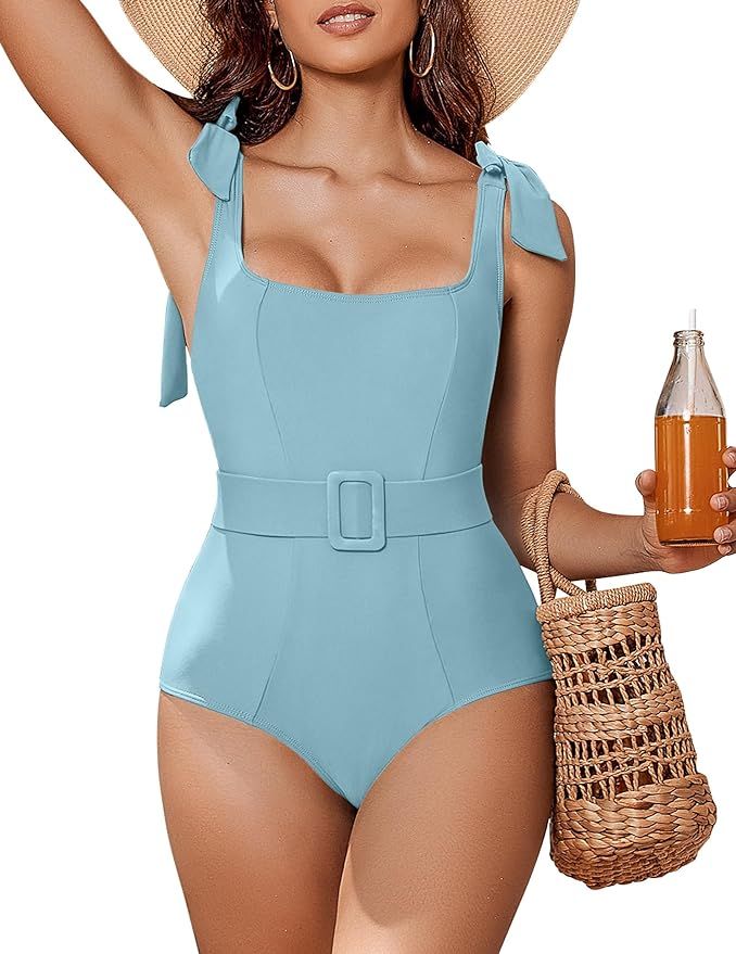 AI'MAGE Womens 2024 One Piece Swimsuit Belted Square Neck Tie Shoulder Tummy Control Bathing Suit... | Amazon (US)