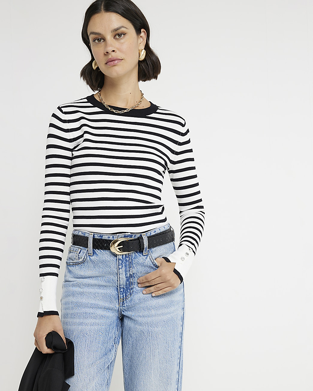 White knit stripe long sleeve top | River Island (UK & IE)