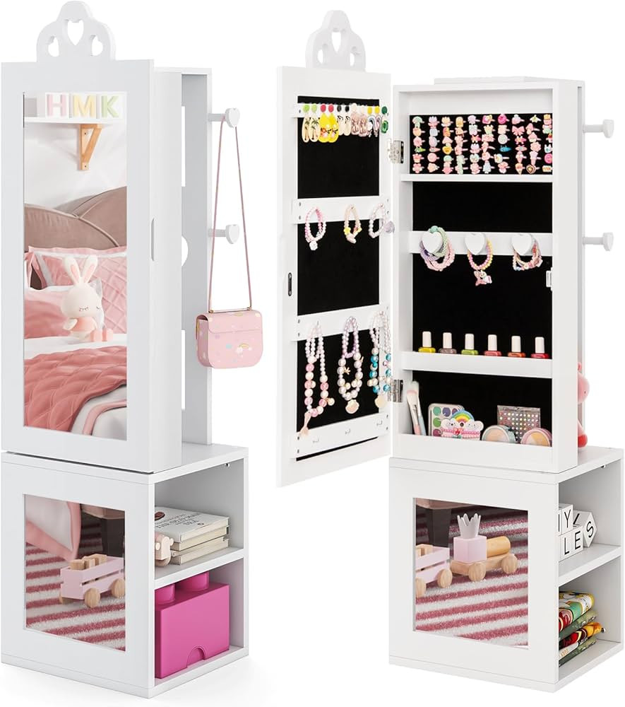 Costzon Kids Jewelry Armoire Cabinet, 46" Standing Jewelry Organizer with Full-Length Mirror, Rea... | Amazon (US)