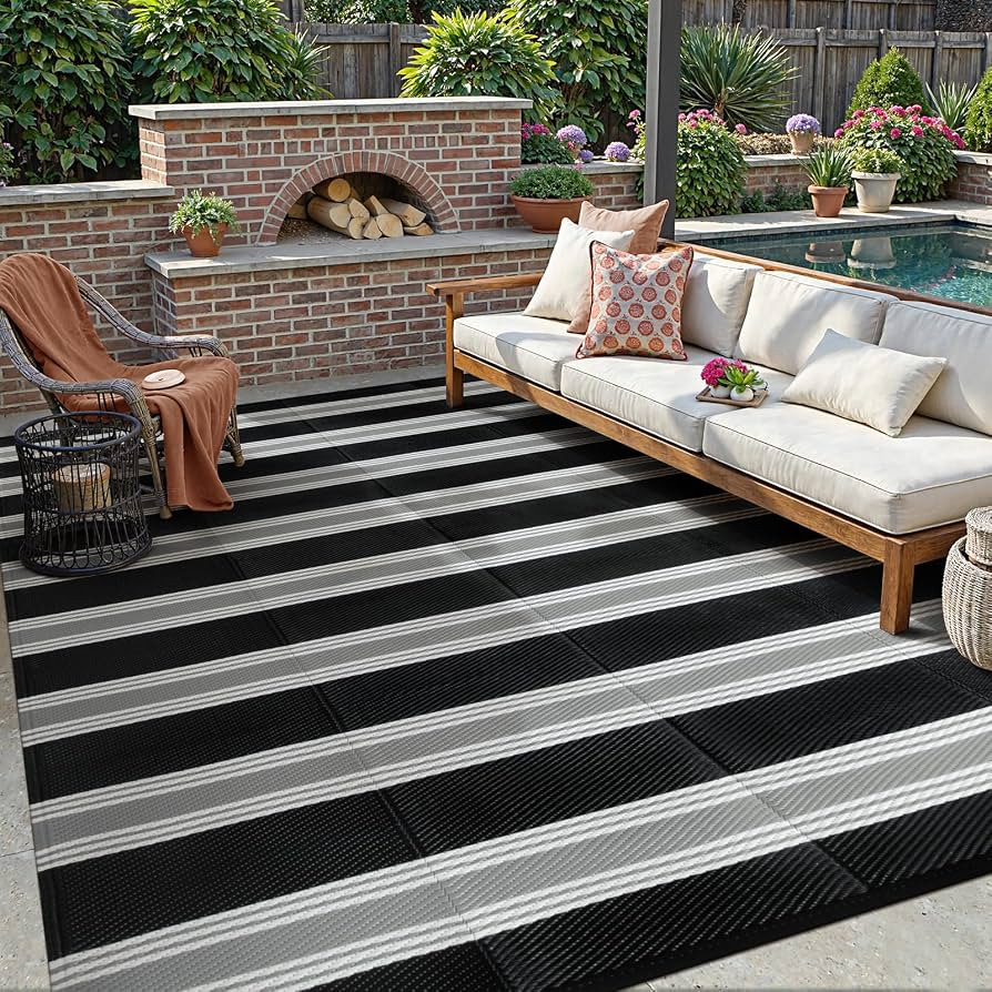 Lahome Striped Outdoor Rug 8x10 Patio Waterproof, Reversible Outdoor Plastic Straw Rug for Campin... | Amazon (US)