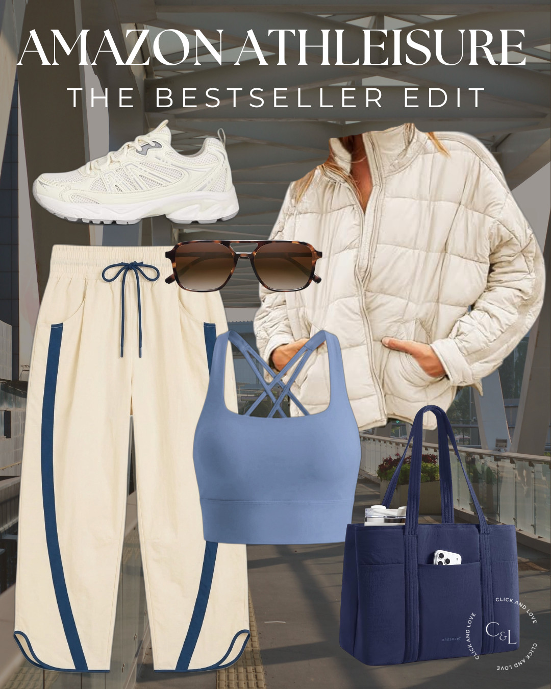 Cream track pants with a navy stripe, a blue sports bra and an oversized quilted puffer jacket. A navy tote and chunky white sneakers finish it off. Cozy and sporty all in one! 

 #athleisure #amazonfashion #amazonfinds #trackpants #widelegpants #sportsbra #pufferjacket #quiltedjacket #totebag #chunkysneakers #whitesneakers #falloutfit #fallfashion #comfyoutfit #casualstyle #founditonamazon #LTKActive