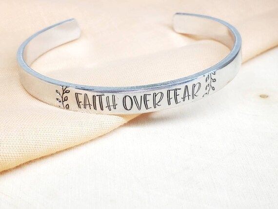 Faith over fear inspiring cuff bracelet- personal message/personal mantra band-hand stamped inspi... | Etsy (US)