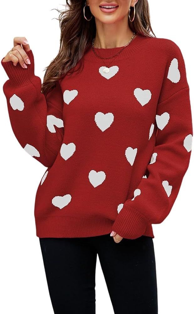 PUWEI Valentine Women's 2024 Pullover Heart Sweater Women's Crewneck Warm Knit Pullover Top | Amazon (US)