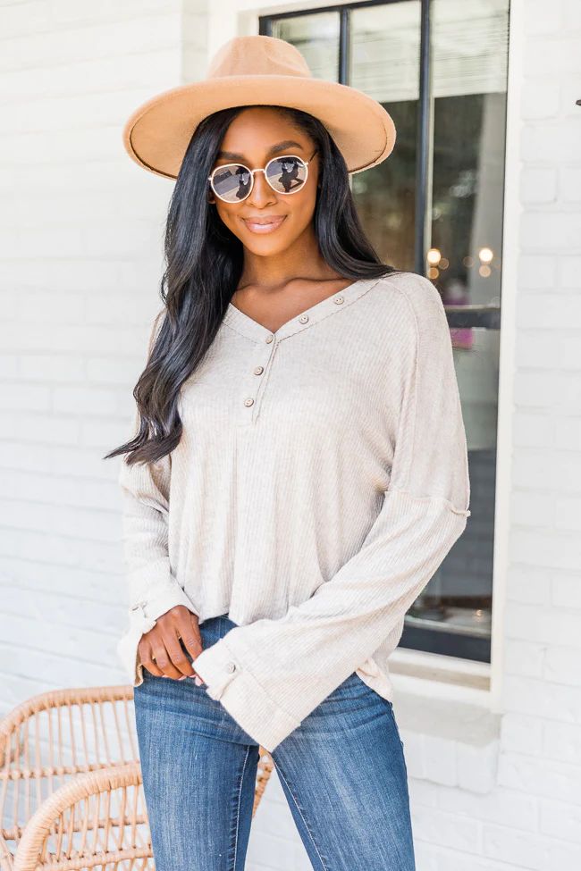 Sweet Invitation Taupe Henley Knit Blouse | The Pink Lily Boutique