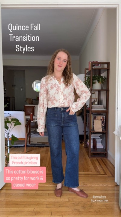 The comfiest fall look from @Quince wearing xs on cotton blouse. 25 regular on patch pocket jeans I’m 5ft 2. #quincepartner