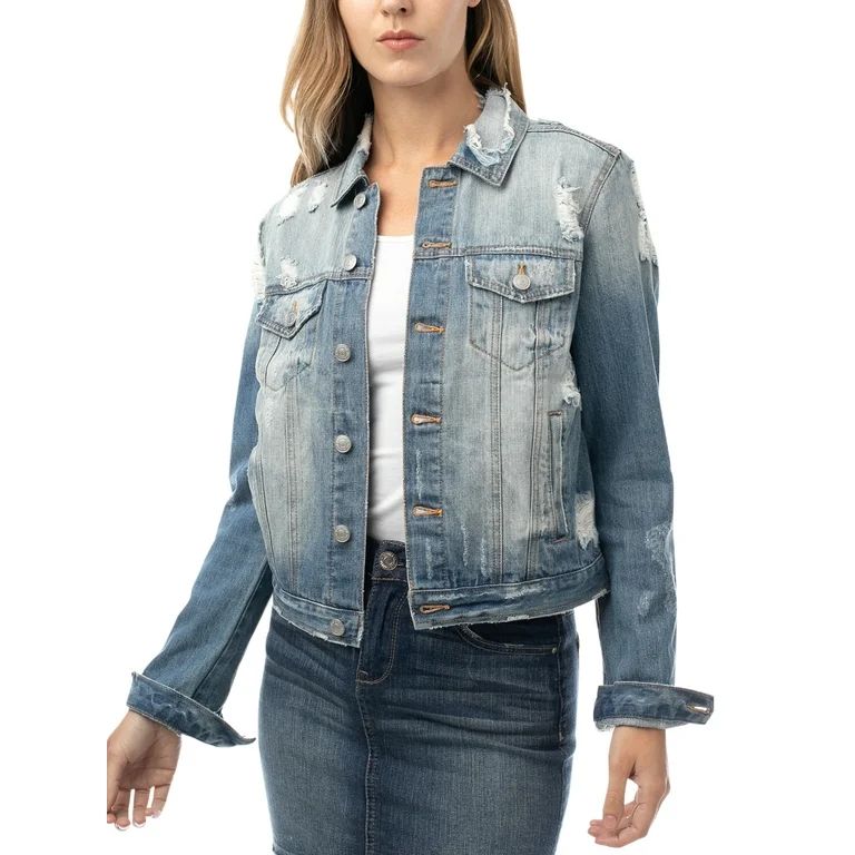 Almost Famous Women's Juniors Denim Destructed Trucker Jacket | Walmart (US)