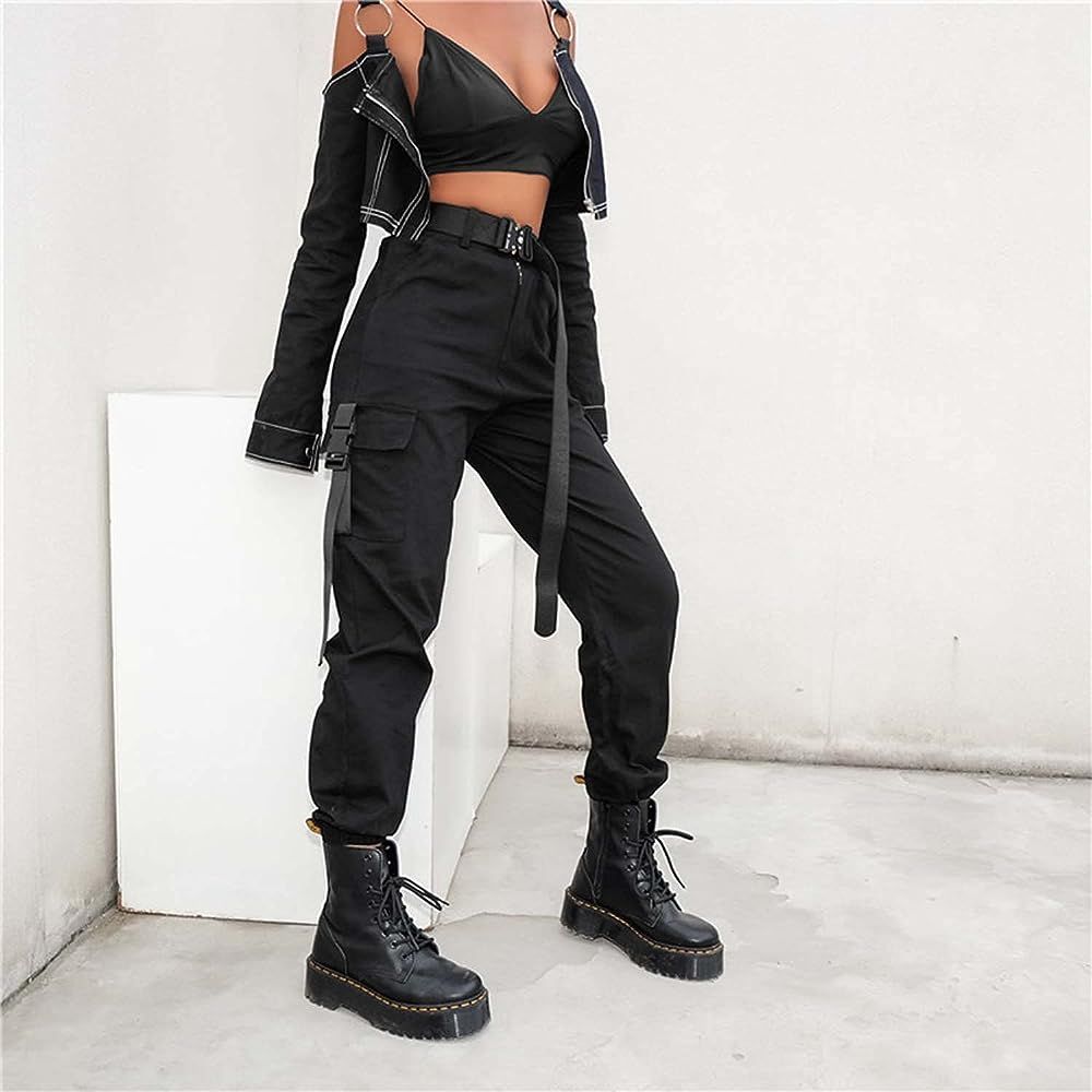 JEAAMKSSER Womens High Waisted Black Cargo Pants with Pockets Baggy Solid Y2k Streetwear Pants | Amazon (US)