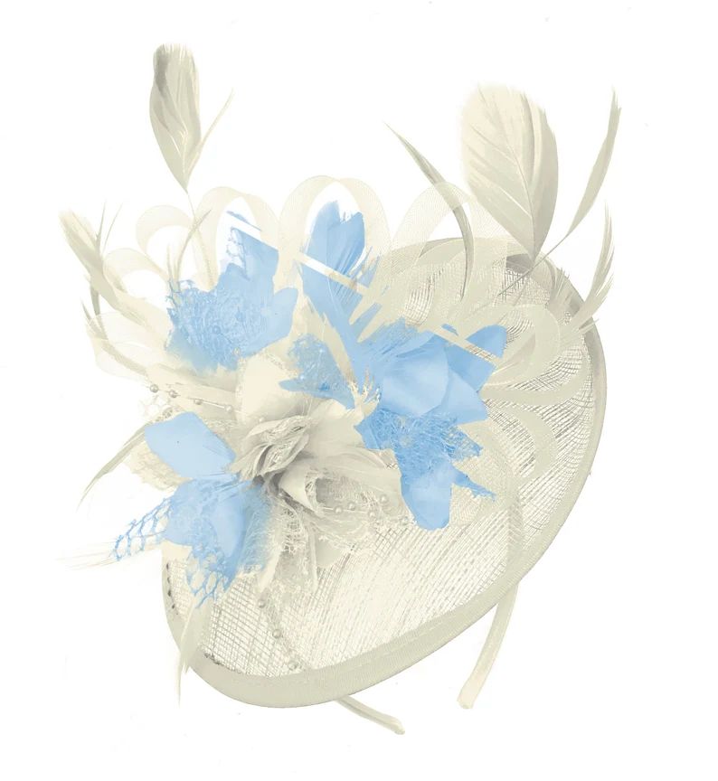 Caprilite Cream and Light Blue Sinamay Disc Saucer Fascinator Hat for Women Weddings Headband - E... | Etsy (US)