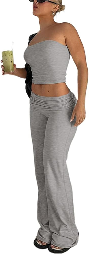 Summer Sexy Sweatsuits Women's 2 Piece Workout Lounge Sets Outfits Casual Crop High Waist Wide Leg Foldover Flare Pant | Amazon (US)