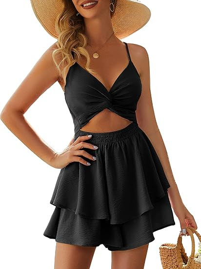 AGERWAY Women's Jumpsuit Sexy V Neck Twist Spaghetti Straps Double Layer Ruffle Hem Mini Short Ro... | Amazon (US)