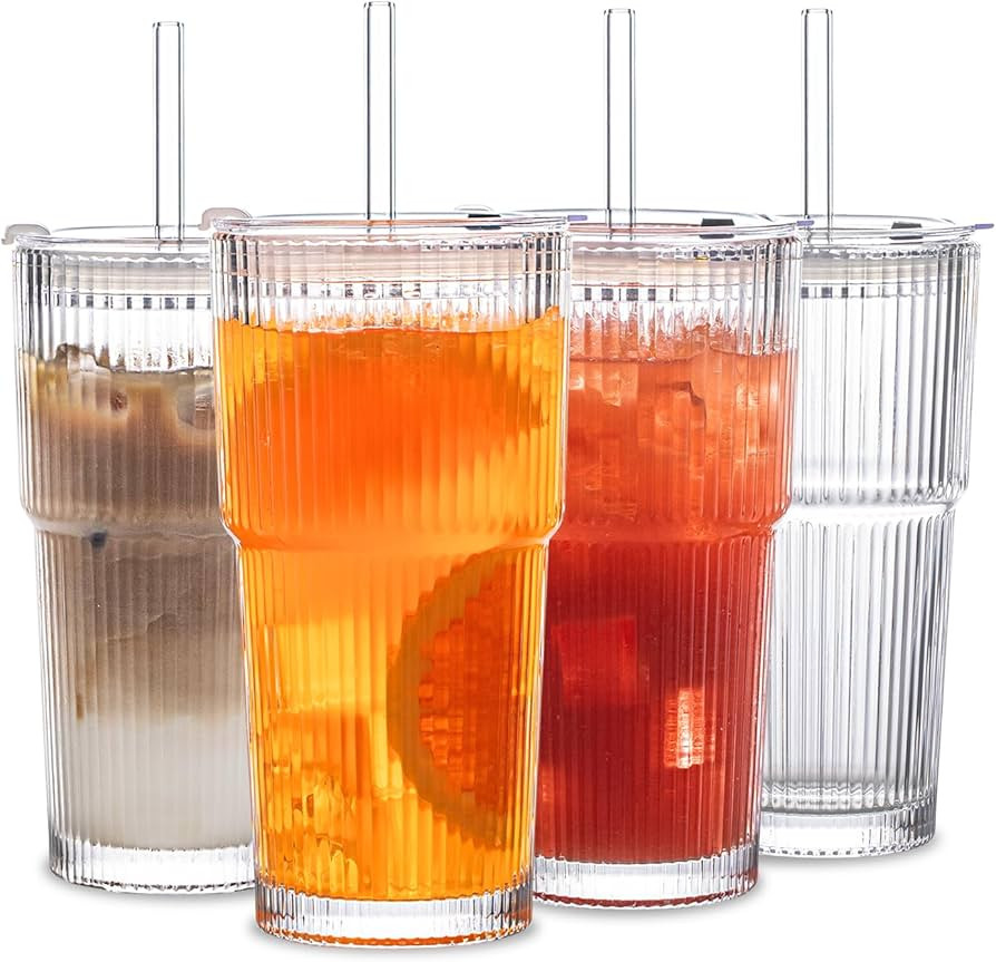 INSETLAN 20 oz Ribbed Glass Tumblers with Lids and Glass Straws – 4-Piece Glassware Set, Thicke... | Amazon (US)