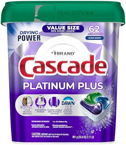 Cascade Platinum Plus Dishwasher Pods, Dish Detergent Soap, Clean Scent, 62 Count | Amazon (US)