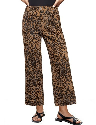 luvamia Cheetah Print High Waisted Stretchy Jeans for Women Wide Leg Leopard Stretch Cropped Denim Pants Patch Pocket Flare Jeans Women Bronze Leopard Small US Size 4-6 | Amazon (US)