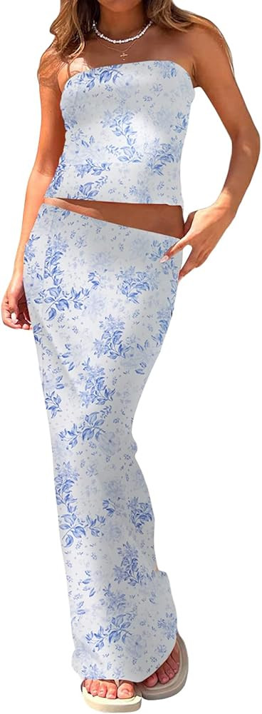 Women 2 Piece Long Skirt Set Floral Strapless Tube Top and Bodycon Maxi Skirts Summer Vintage Str... | Amazon (US)