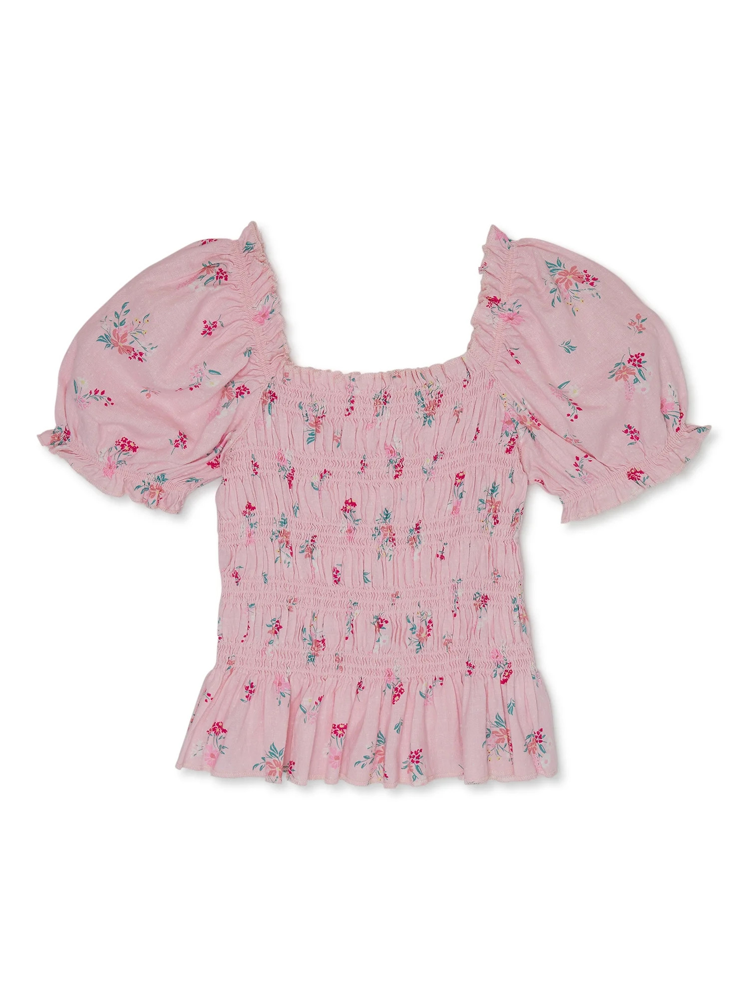 Wonder Nation Girls Short Sleeve Smocked Top, Sizes 4-18 & Plus - Walmart.com | Walmart (US)