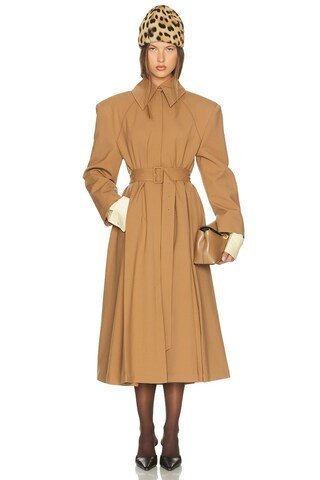 Helsa TRENCHCOAT WOOL BLEND MIDI in Muskatnuss - Tan. Size M (also in XXS, XS, S, L, XL). | FWRD 