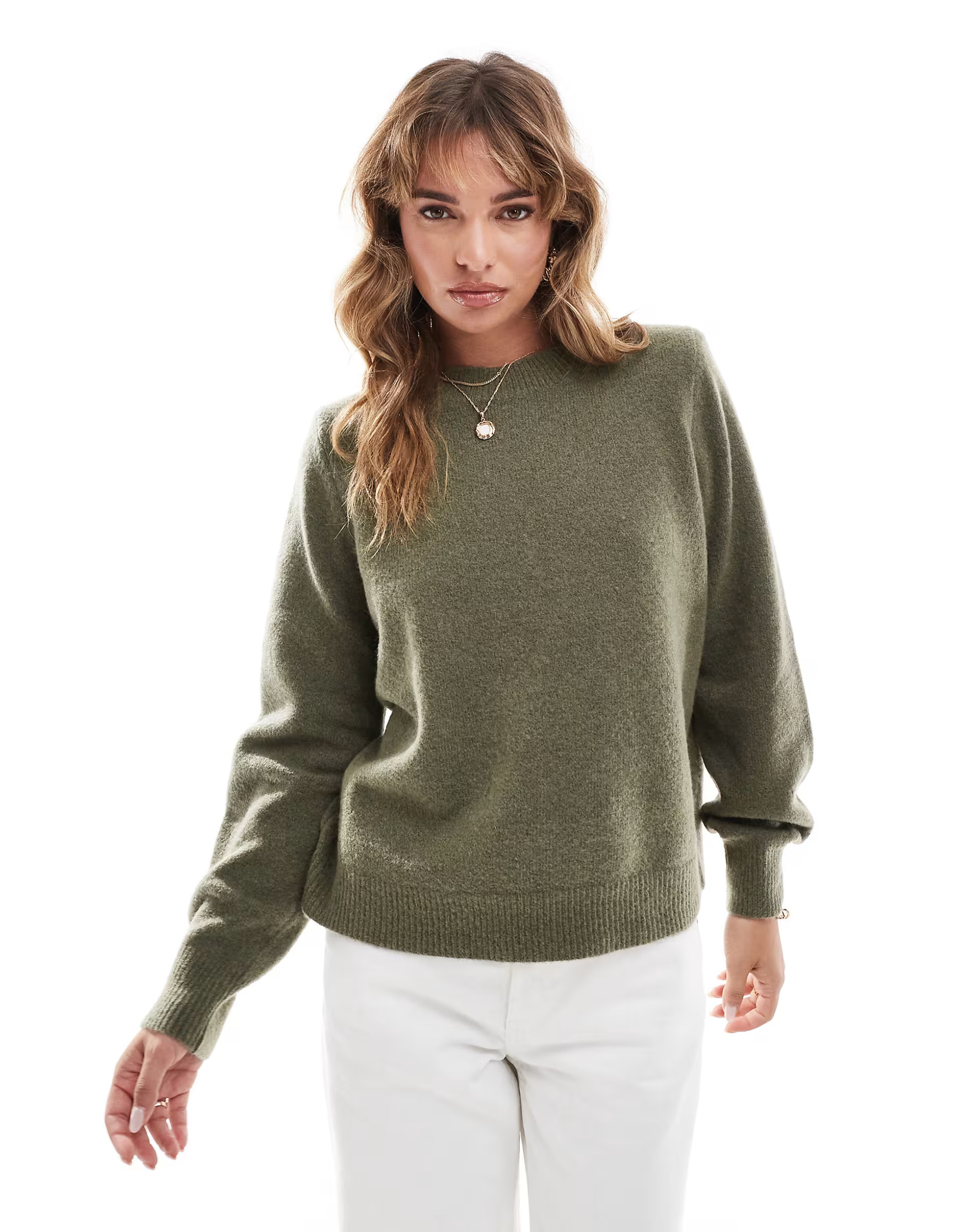 ASOS DESIGN compact crew neck sweater with shoulder pads in khaki | ASOS (Global)