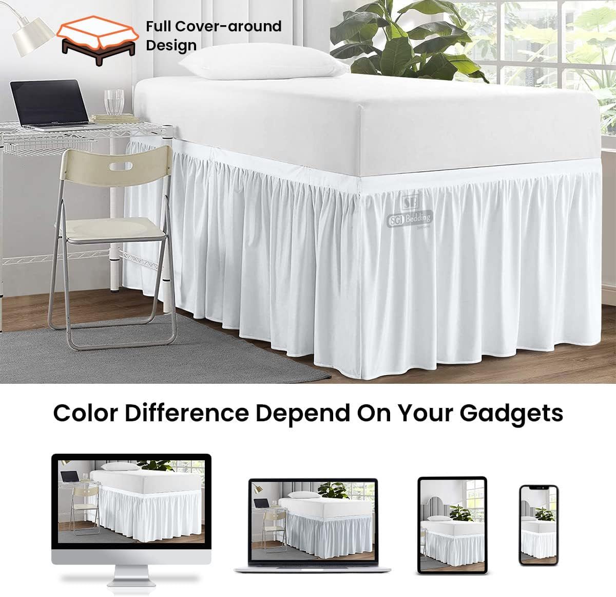 34 Inch Drop Twin XL Size Dorm Bed White Solid Bed Skirt Stylish Ruffled Pattern Split Corner Eas... | Amazon (US)