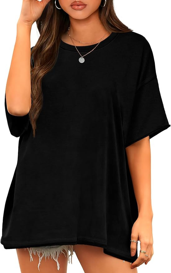 WIHOLL Oversized T Shirts for Women Cotton Short Sleeve Summer Tops Round Neck Basic Tees | Amazon (US)