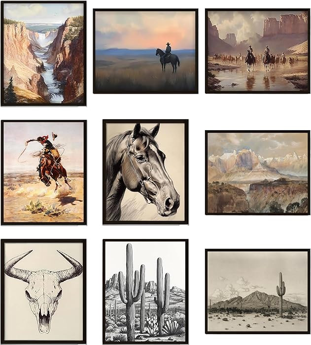 Western Desert Cowboy Posters Wall Art Set of 9, Boho Western Ranch Canvas Wall Decor Prints, Far... | Amazon (US)