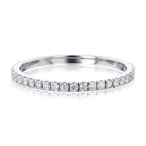 VISDIV 2mm 925 Sterling Silver Rings Gold Engagement Wedding Band Eternity Cubic Zirconia Simulated Diamond Stackable Ring Oura for Women (Silver, 6) | Amazon (US)