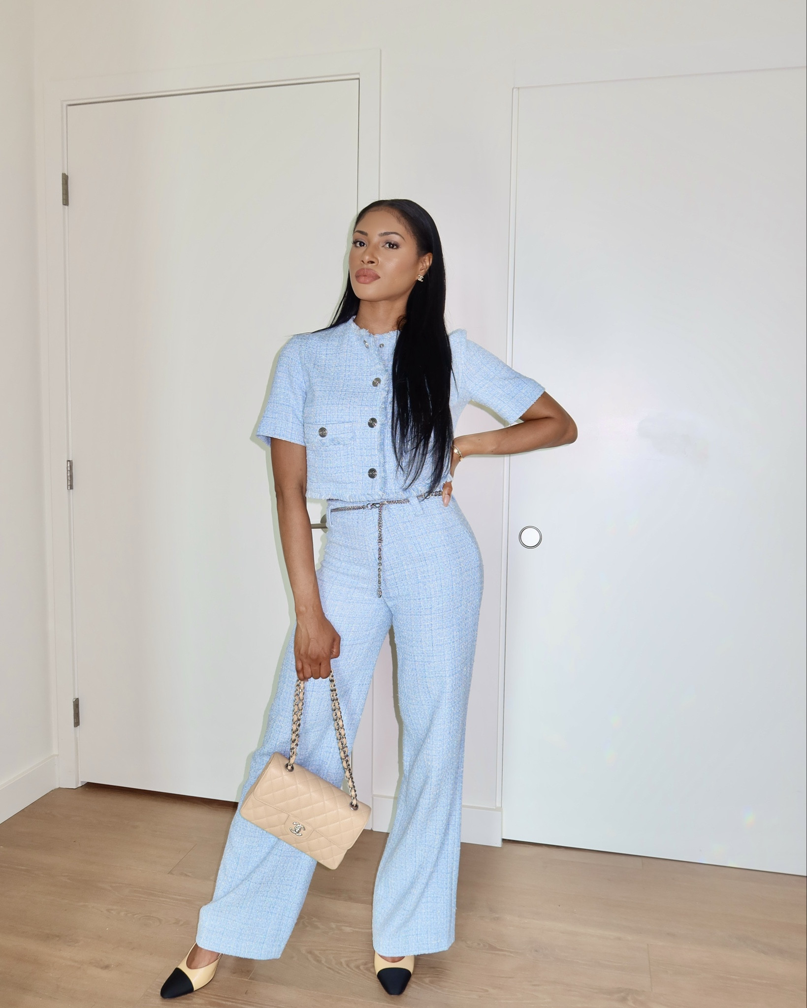 Polished, poised & powerful in pastel 💼✨
This powder blue tweed set is giving Chanel girl energy with a modern twist. The cropped double-breasted top pairs perfectly with the tailored high-waisted trousers for a crisp, structured look that says, “I’m booked, busy, and unbothered.” I styled it with a beige quilted handbag and classic cap-toe slingbacks for that timeless elegance.

📌 Wear this to a business lunch, a brand meeting, or whenever you want to make quiet luxury loud.

🛍️ Shop the look:
👚 Cropped Tweed Button-Front Top
👖 High-Waisted Tweed Trousers
👜 Quilted Beige Shoulder Bag
👠 Two-Tone Slingback Heels

#LTKStyleTip #LTKShoeCrush