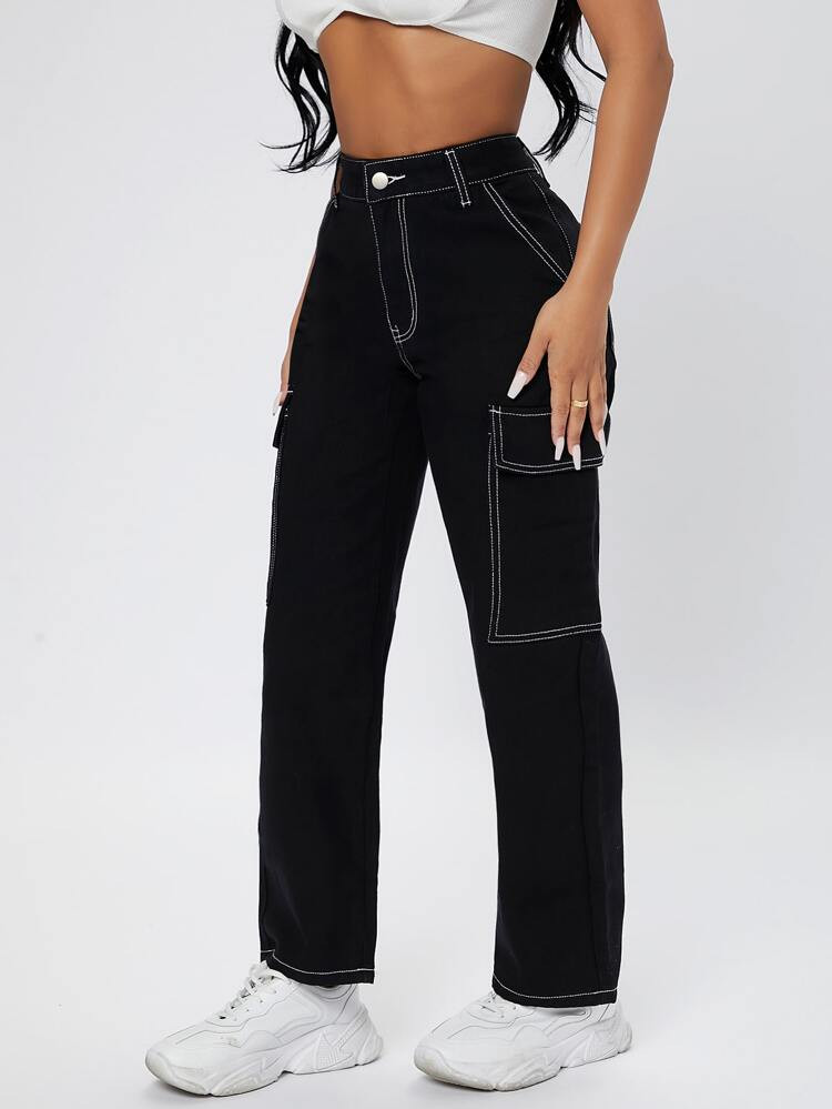 SHEIN PETITE High Waist Straight Leg Cargo Jeans | SHEIN