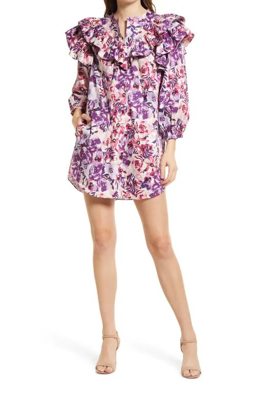 Something Navy Floral Print Ruffle Shift Dress in Purple Combo at Nordstrom, Size Medium | Nordstrom