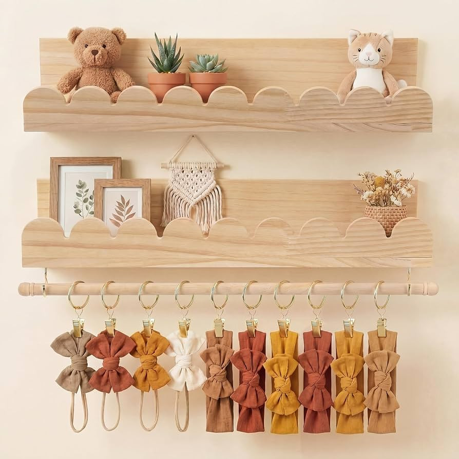 Qunclay 2 Pcs Nursery Floating Shelves Headband and Bow Holder with Rod Wall Mounted Wood Shelves... | Amazon (US)