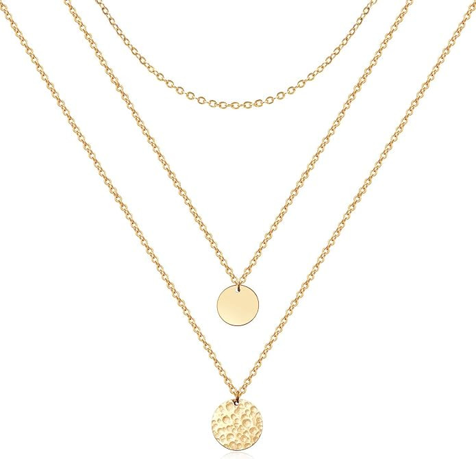 Ava Riley Layered Necklace Dainty Disc Chokers Necklace 14K Real Gold Plated Necklace for Women | Amazon (US)