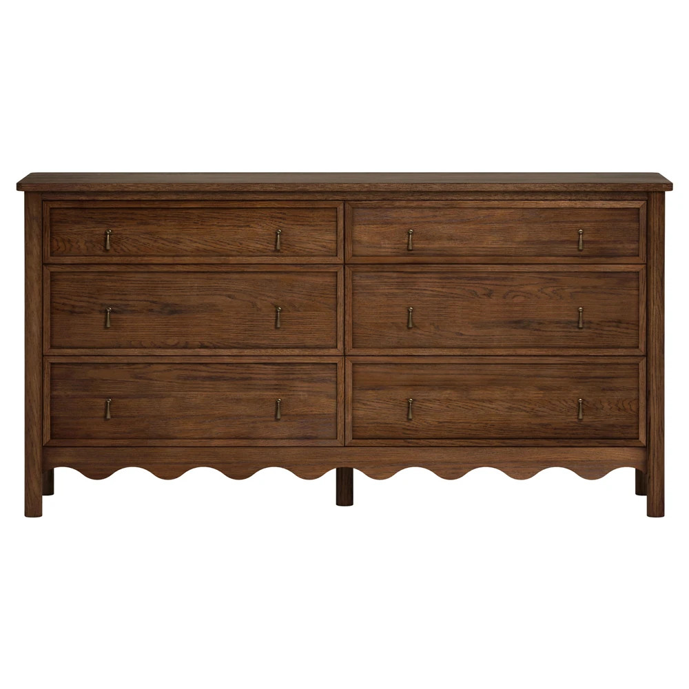 Maeva Updated Traditional Brown Oak Wood Scalloped Double Dresser | Kathy Kuo Home
