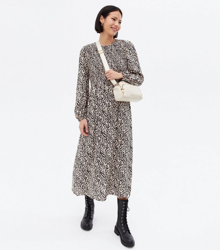 Stone Leopard Print Shirred Long Sleeve Midi Dress
						
						Add to Saved Items
						Remove f... | New Look (UK)