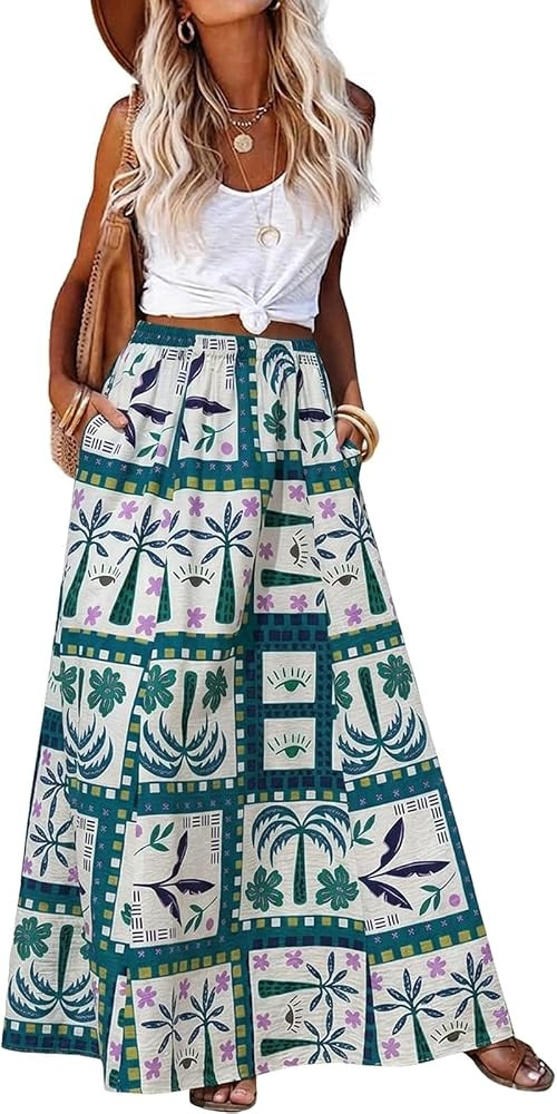 EXLURA Womens Summer Elastic Waist Floral Print Maxi Long Skirt Midi Flowy Skirt Spring Boho Beac... | Amazon (US)