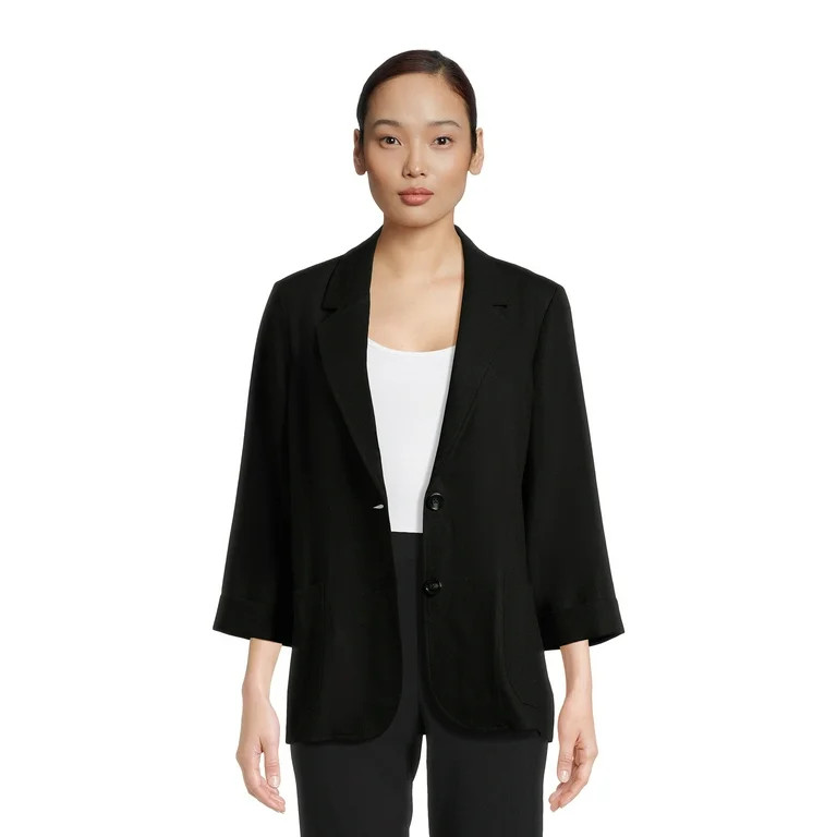 Time and Tru Women’s Linen-Blend Button Front Blazer with Patch Pockets, Sizes S-XXXL | Walmart (US)