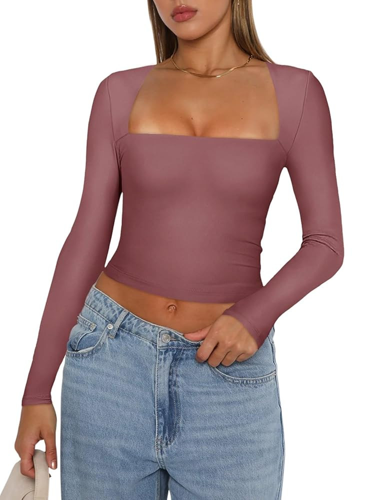 REORIA Women's Basic Sexy Square Neck Long Sleeve Y2K Going Out T Shirt Crop Top | Amazon (US)