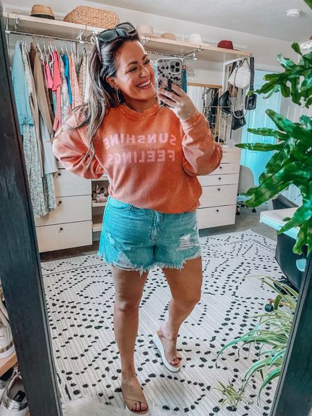 Casual spring outfit Lightweight sweatshirt wearing an xxl for a roomy fit Shorts are a 2xl and snug. No stretch Sandals tts - code: 20TARYN

#LTKtravel #LTKSeasonal #LTKcurves
