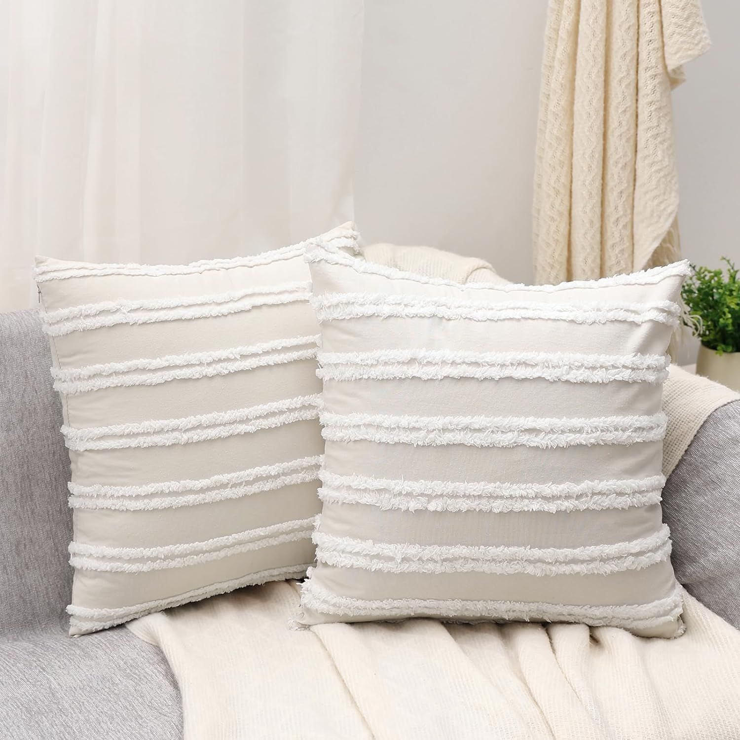 Boho Decorative Throw Pillow Covers, Neutral Striped Pillow Covers 18X18 Set of 2, Beige Cotton L... | Amazon (US)