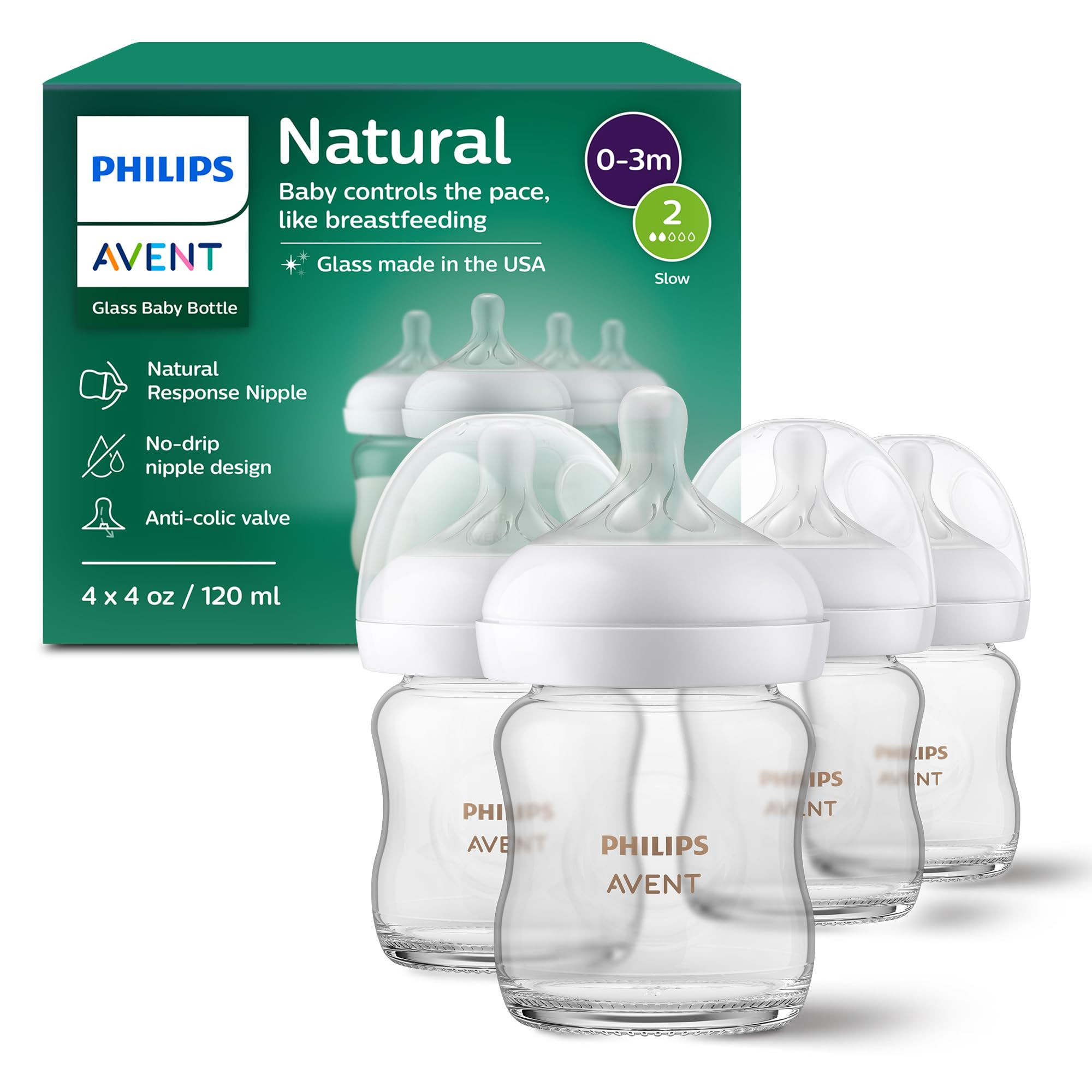 Philips Avent Natural Glass Baby Bottles with Natural Response Nipples (Slow Flow, Flow 2), 4oz, ... | Amazon (US)