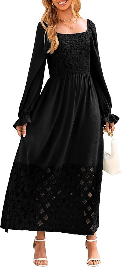 Women's Boho Flowy Long Sleeve Maxi Dress Square Neck Empire Waist Smocked Swing Wedding Guest Dr... | Amazon (US)
