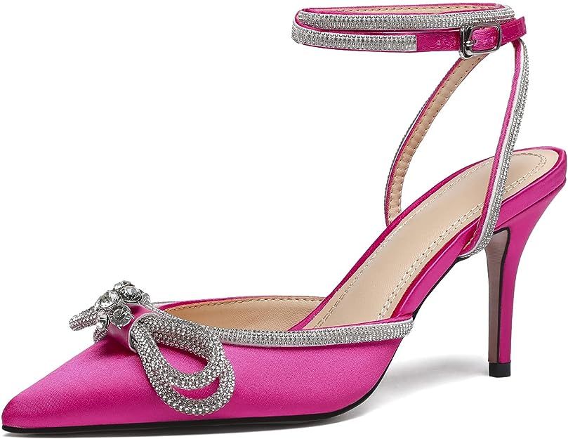 Vertundy Women's Lace up High Heeled Sandals Ankle Buckle Strap Rhinestone Bowknot Stilettos Sati... | Amazon (US)