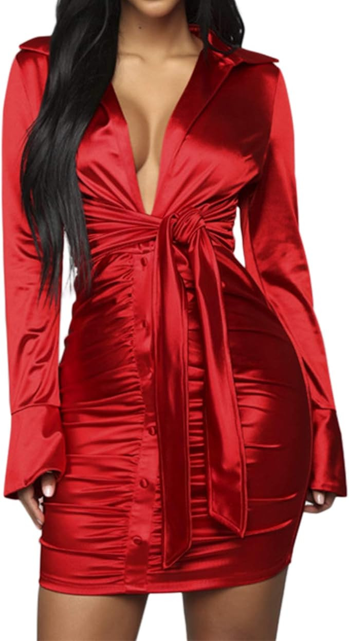 Sedrinuo Women Sexy Long Sleeve Club Outfits Dress Tie Front V Neck Ruched Mini Dresses | Amazon (US)