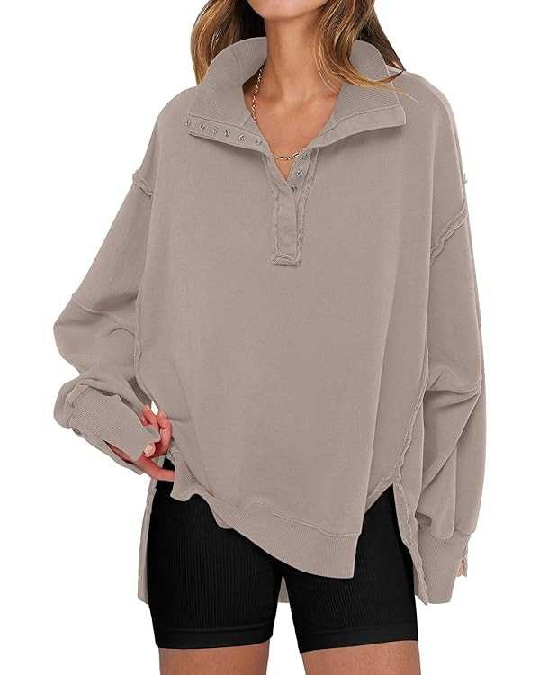 ANRABESS Women's Sweatshirts Oversized Casual Loose Button Up Henley Pullover Top High Low Split ... | Amazon (US)