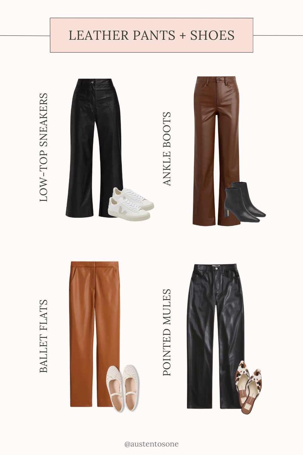 A complete leather pants styling guide showing four different ways to pair shoes with your favorite leather bottoms. From white low-top sneakers and sleek ankle boots to woven ballet flats and chic pointed mules, these outfit ideas are perfect for building stylish fall looks. Use these leather pants styling tips to mix and match pieces for casual days, nights out, and everything in between.

#LTKStyleTip #LTKSeasonal #LTKShoeCrush